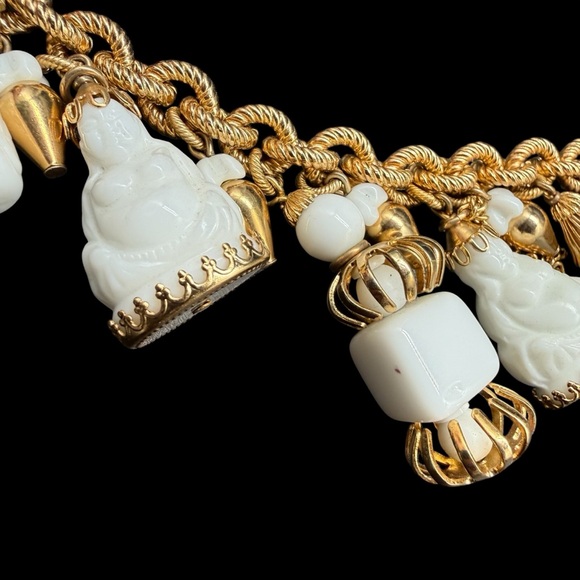 Vintage Napier Signed Asian Buddha Art Milk Glass Lantern Charm Bracelet MCM - Picture 7 of 14